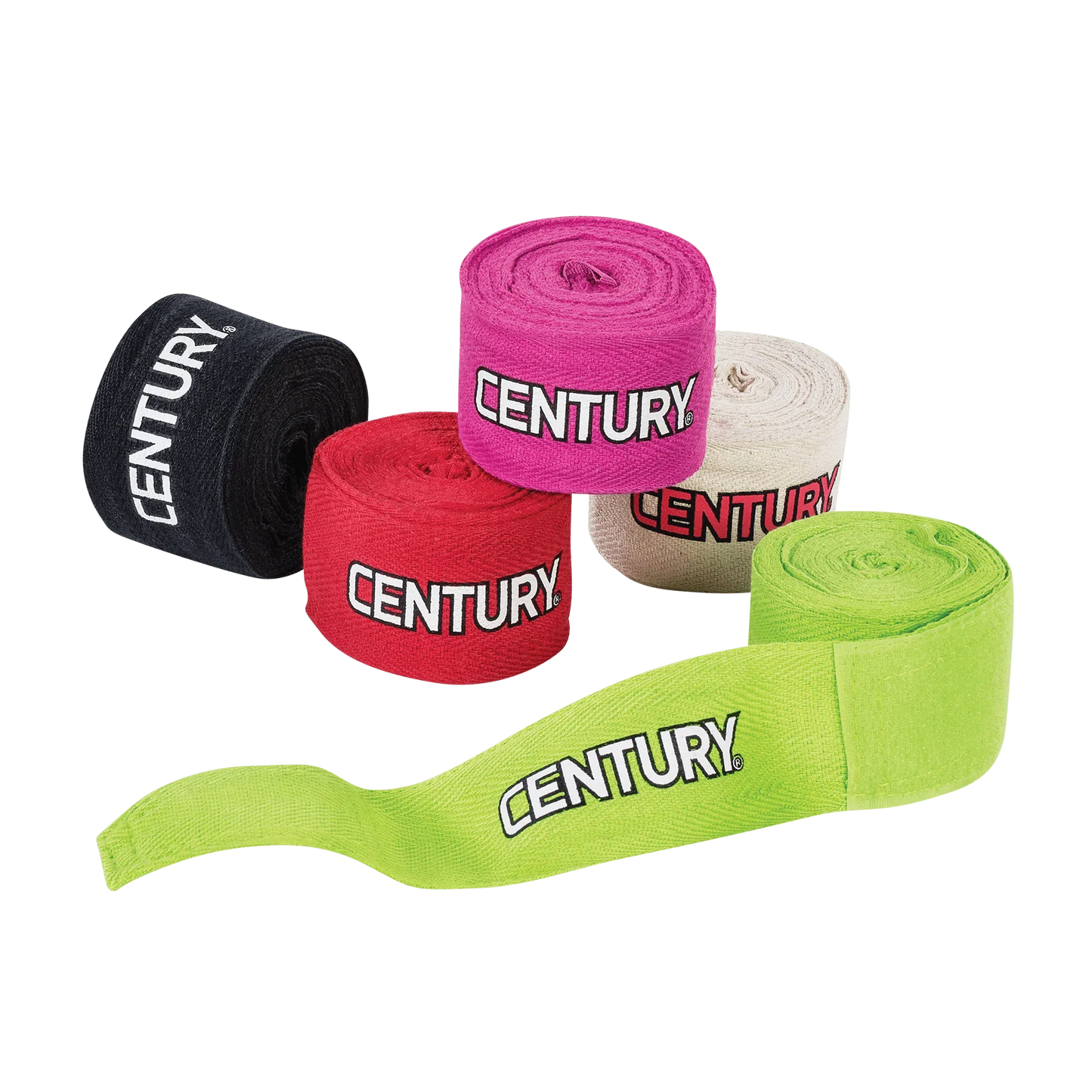 Five rolls of hand wraps in different colors. Black, red, pink, green, and white