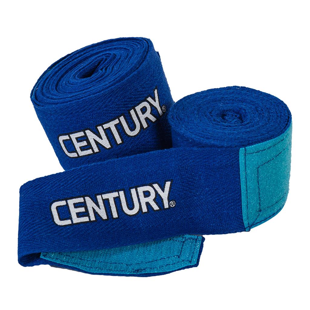 Rolled set of two navy blue hand wraps with century written in bold on the side