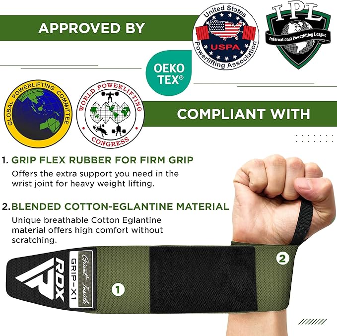 RDX W3 IPL USPA Approved Powerlifting Wrist Support Wraps with Thumb Loops OEKO-TEX Standard 100 certified