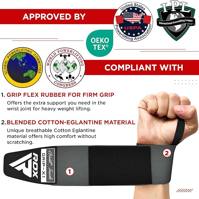 RDX W3 IPL USPA Approved Powerlifting Wrist Support Wraps with Thumb Loops OEKO-TEX Standard 100 certified